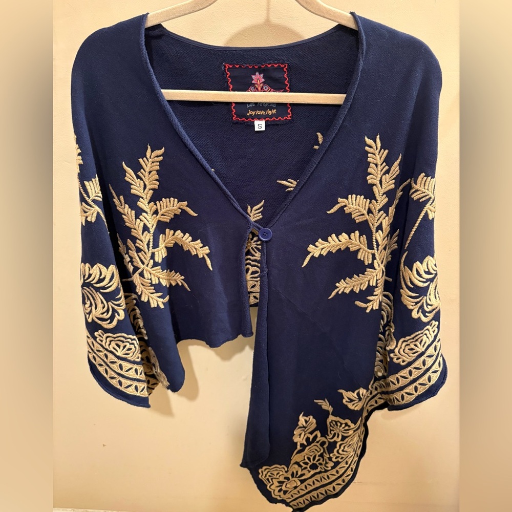 Johnny Was LA Asymmetrical Navy Embroidered One-Button Cardigan Cape Small -RARE